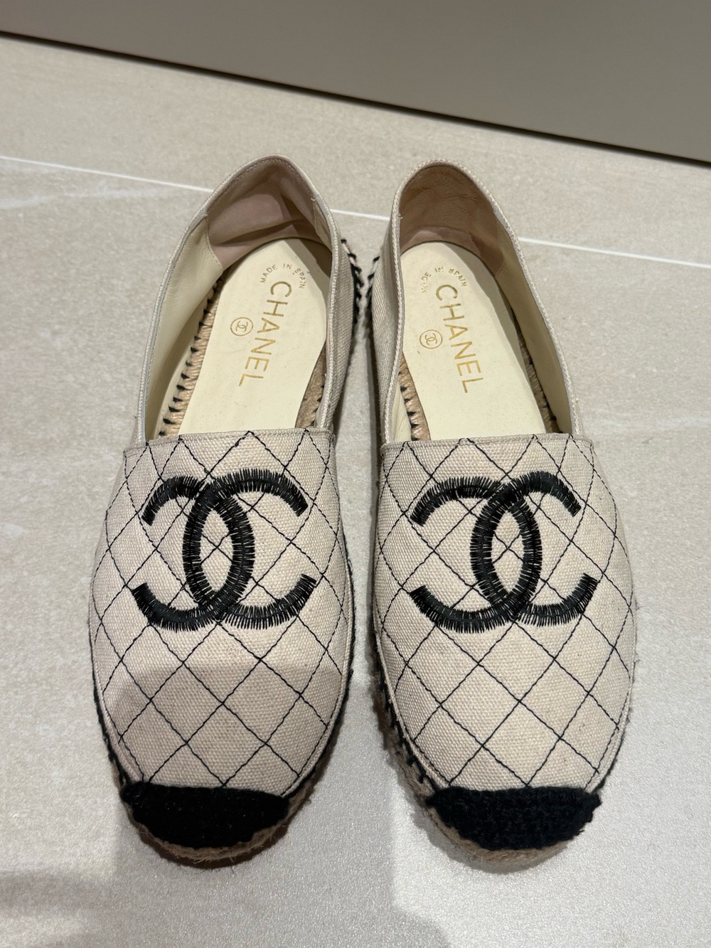CHANEL Beige Quilted Espadrilles with Black CC Emblem